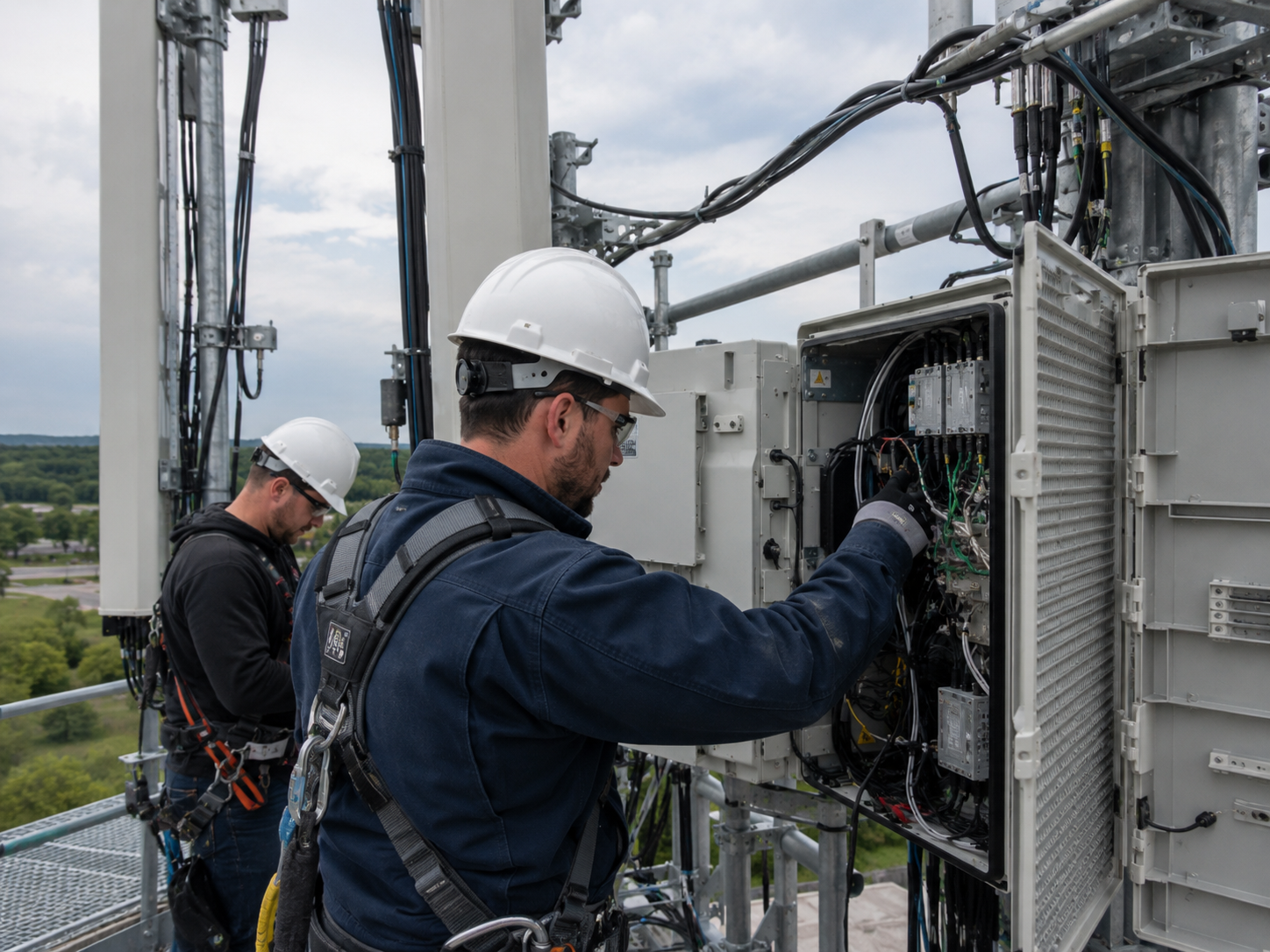 Telecommunications field technicians working on cellular equipment
